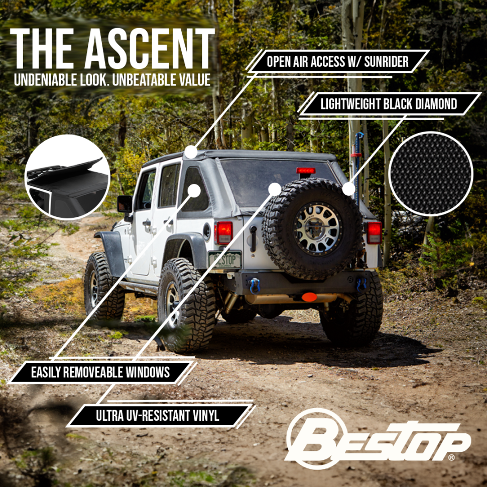 Мягкая крыша Ascent Soft Top Black Diamond Jeep Wrangler JK 07-18 4 Door Bestop 5682535
